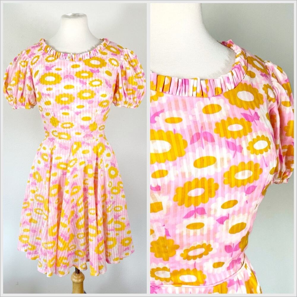 Vintage 60s Swing Mini Dress Pink Orange Flower Power Floral //‎ Size XS